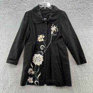 CoVelo Clothing Jacket Womens 4 Black Linen Floral Applique Art to Wear Lined